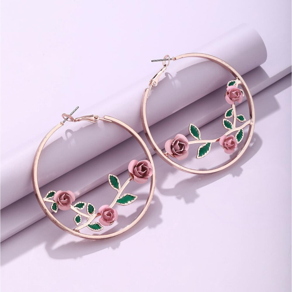 Rose Goldtone Pink Roses Hoop Earrings