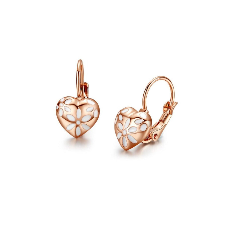 Rose Goldtone White Floral Heart Leverback Earrings