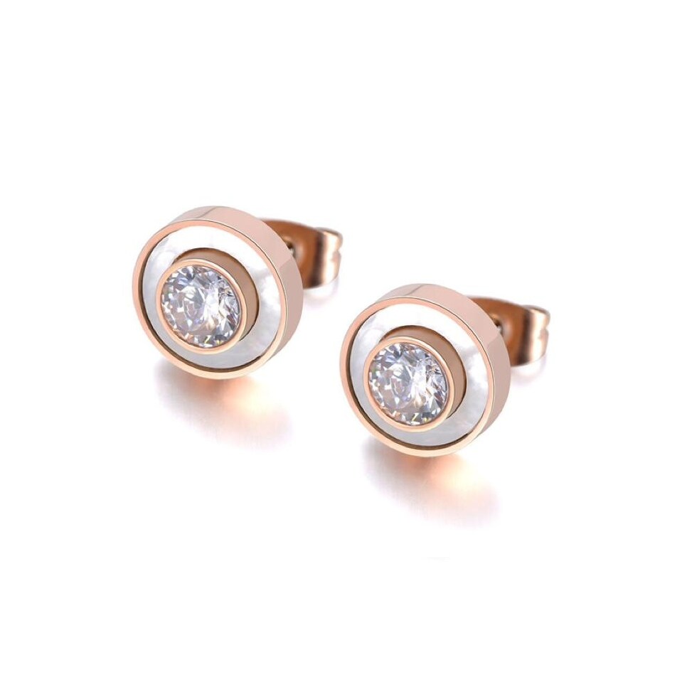 Rose Goldtone, White Clear Cubic Zirconia Circular Stud Earrings