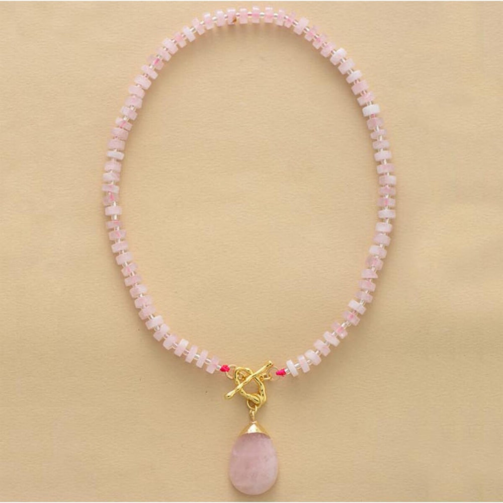 Rose Quartz Beaded Teardrop T Bar Necklace - White