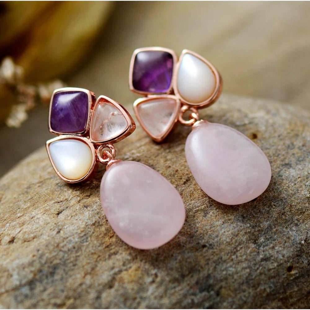 Rose Quartz Oval Clustered Drop Earrings