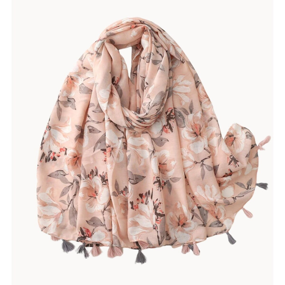 Rose and Grey Blossom Scarf with Tassels