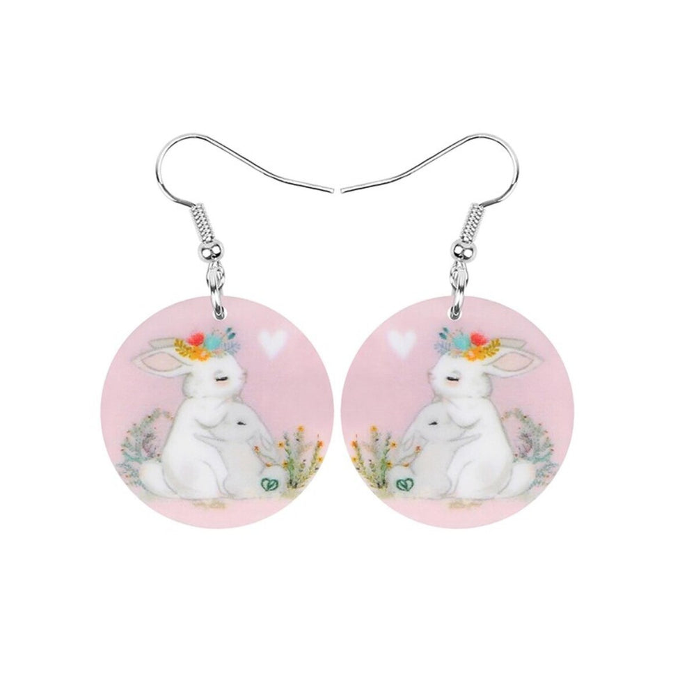 Round Pink Hugging Bunnies Drop Earrings