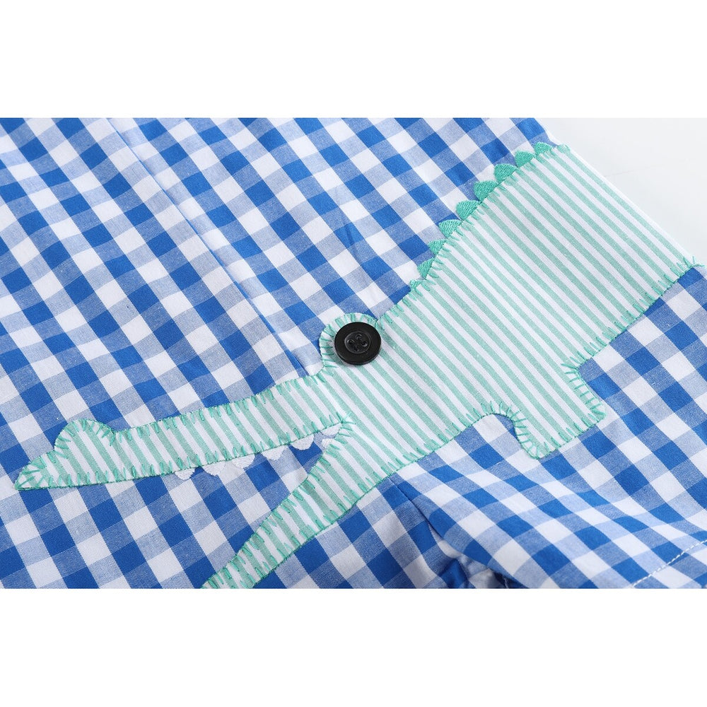 Royal Blue Gingham Alligator Applique Shortalls