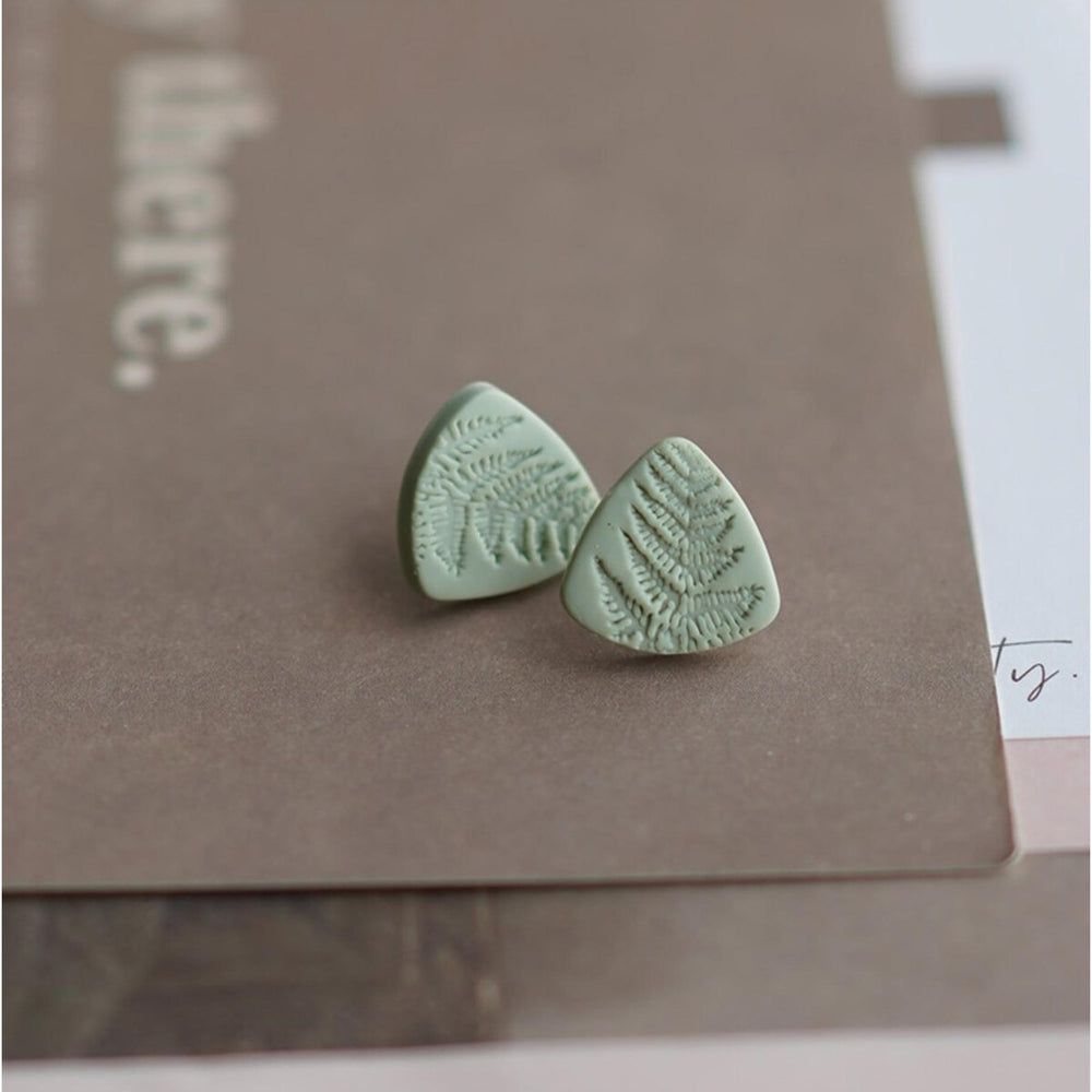 Sage Green Imprinted Leaf Triangular Stud Earrings