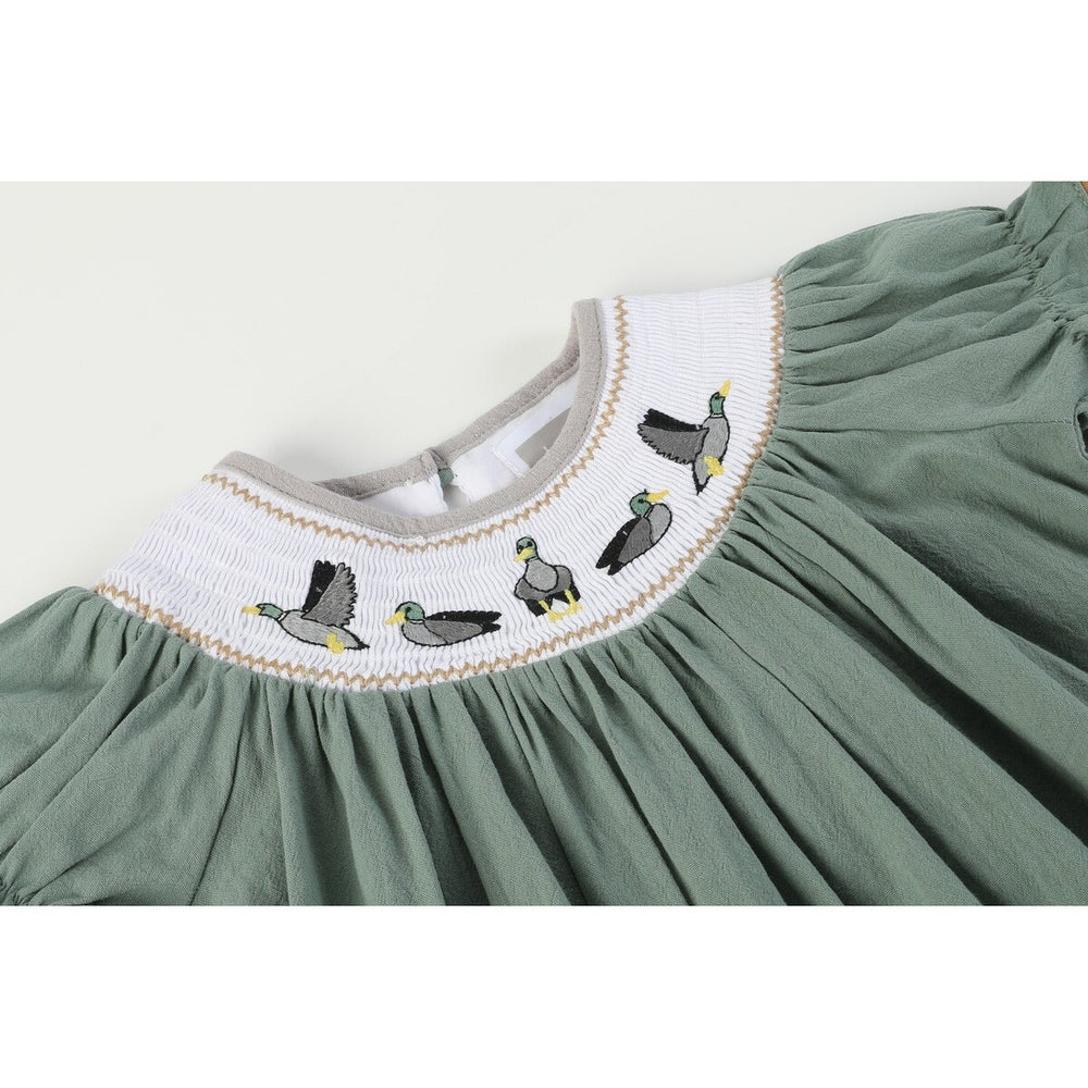 Sage Green Mallard Smocked Bishop Dress