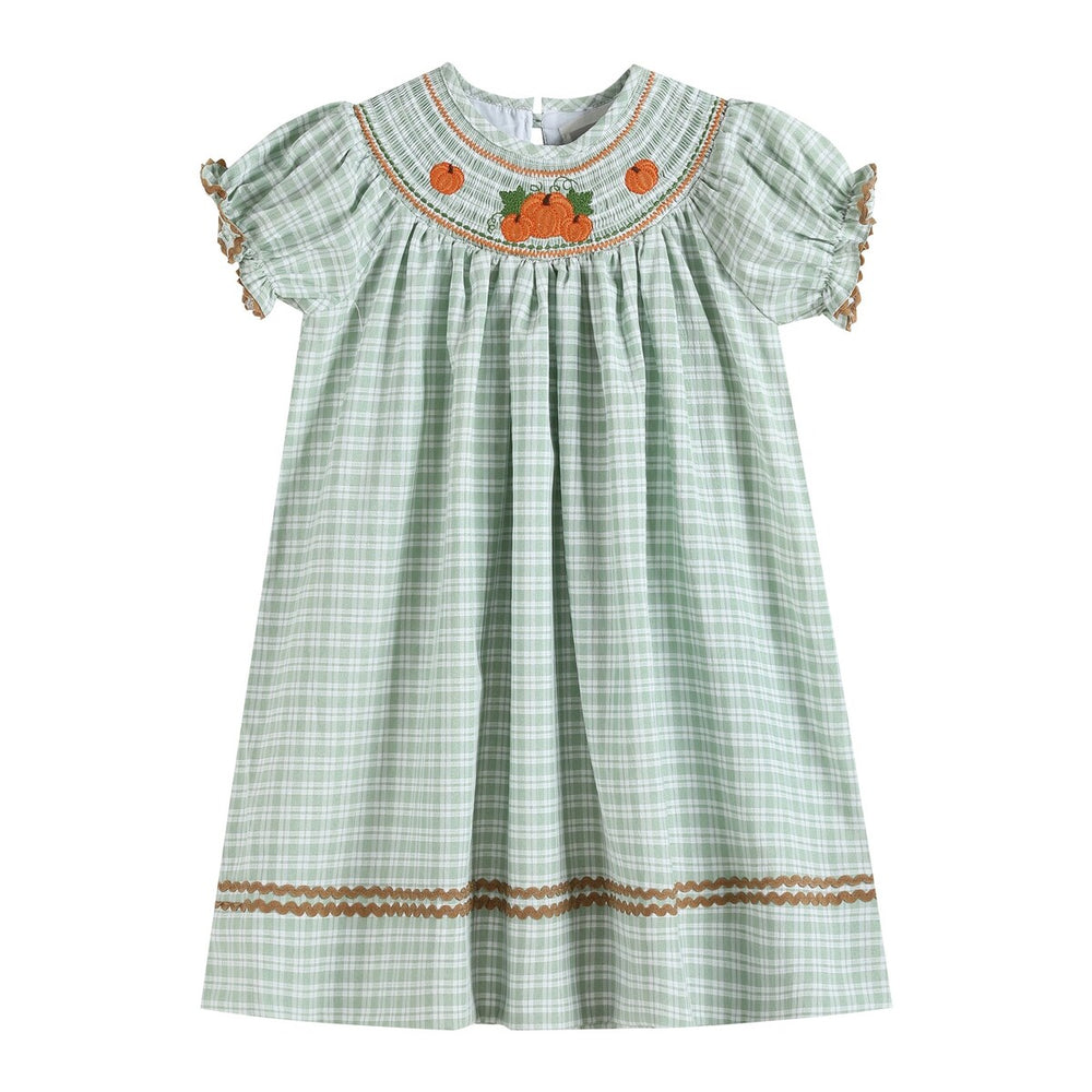 Sage Green Plaid Pumpkin Smocked Bishop Dress