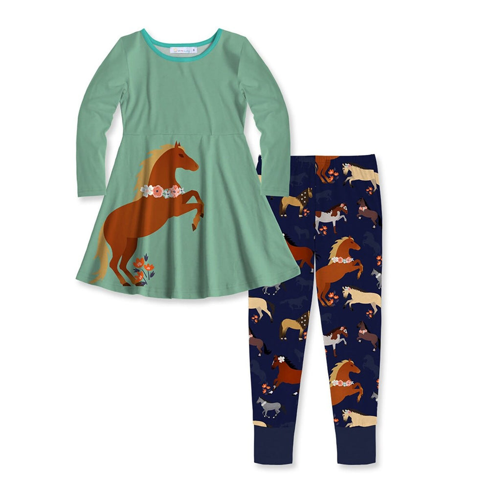 Sage Green & Brown Horse Print Dress & Joggers