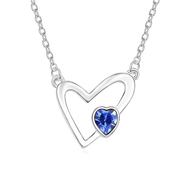 Sapphire Swarovski Crystal Open Heart Pendant Necklace - White