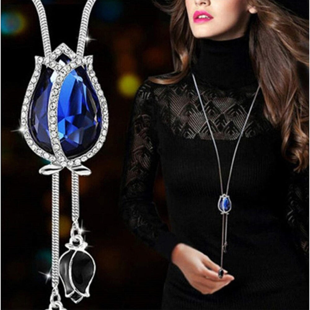 Sapphire Tulip Crystal Long Necklace - White