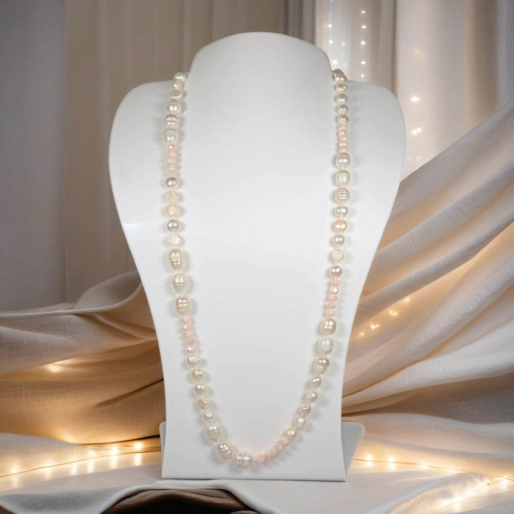 Semi-Baroque Cultured Freshwater Pearls Station Necklace with Faceted Pink Crystals.