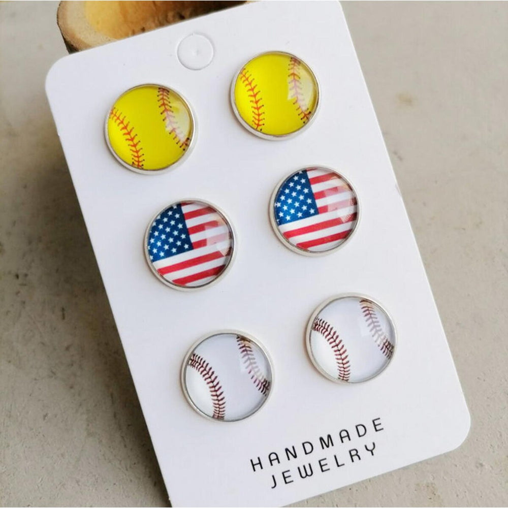 Set Of 3 Baseball & American Flag Stud Earrings