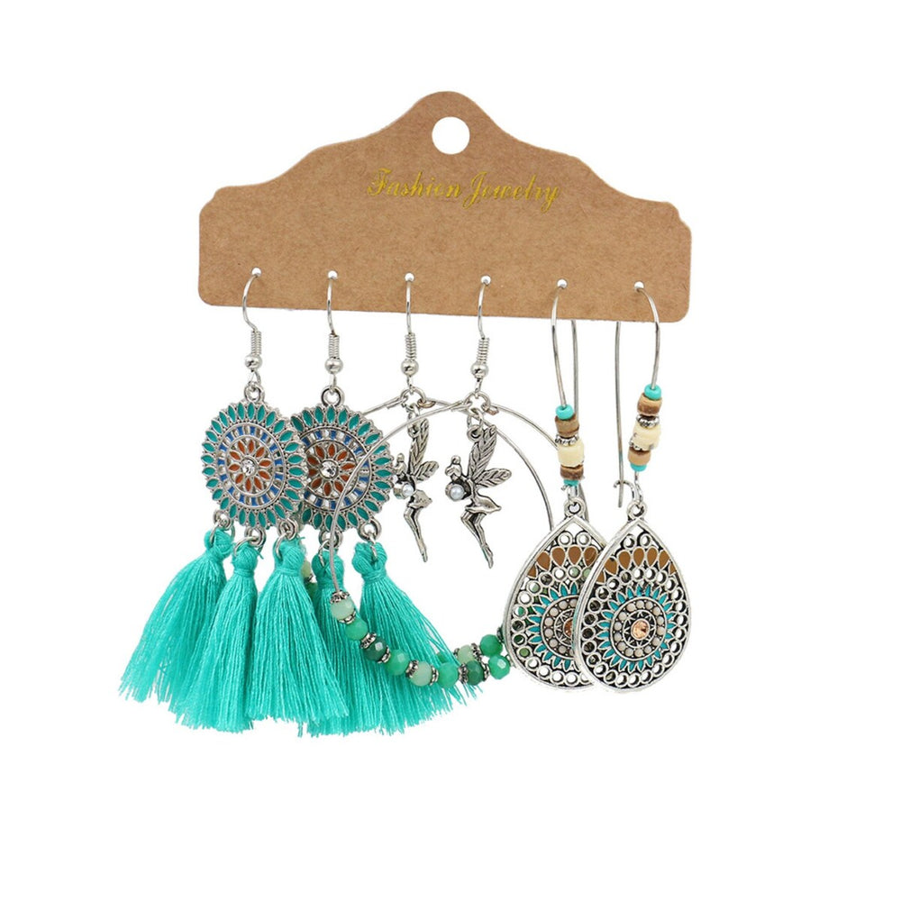 Set Of 3 Turquoise Tasseled Beaded Earrings