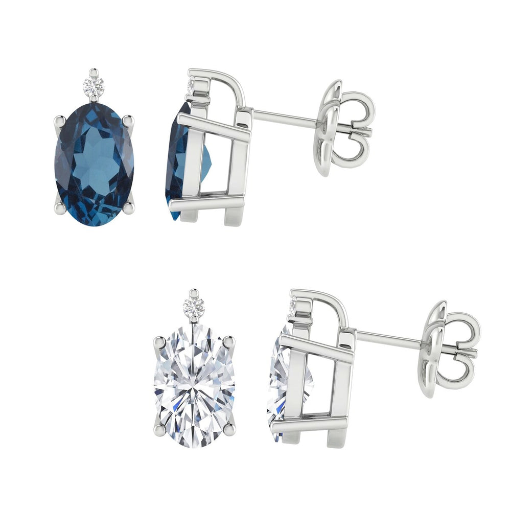 Set of 2 Stud Earrings with Genuine White Diamond and Natural London Blue Topaz, White Topaz