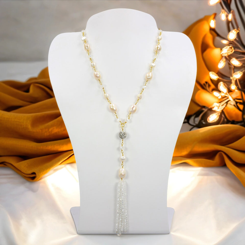 Set of 2pcs Cultured Pearl Tassel Lariat Necklace and Matching Earrings