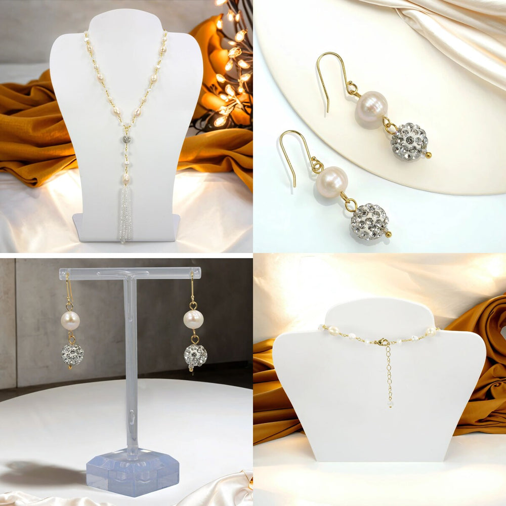 Set of 2pcs Cultured Pearl Tassel Lariat Necklace and Matching Earrings