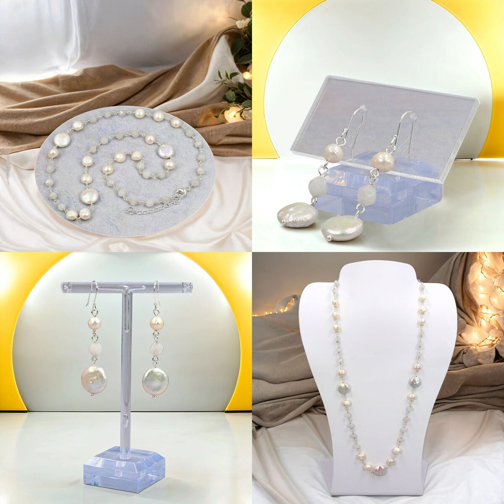 Set of 2pcs Moonstone and Freshwater Pearls Necklace with Matching Earrings