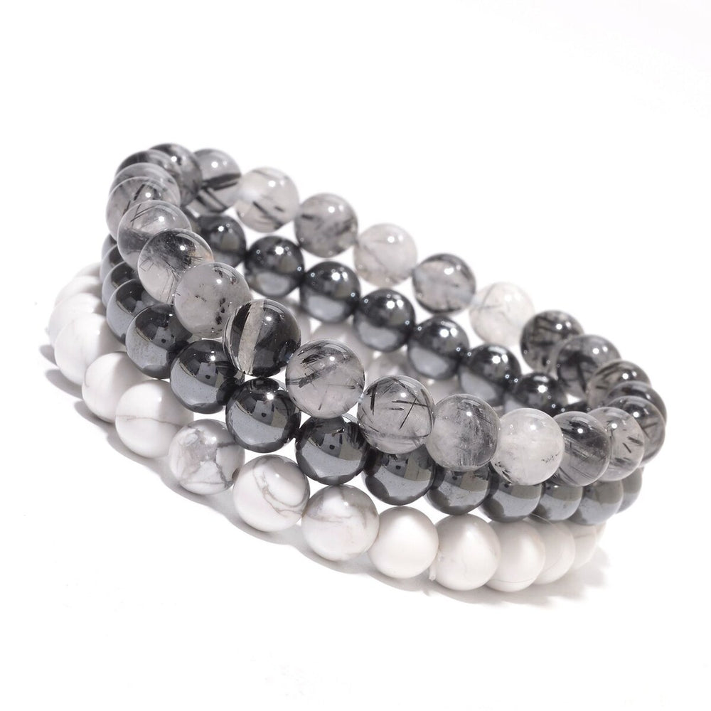 Set of 3 8MM Stretch Bracelets with Rutilated Quartz, Howlite and Hematite