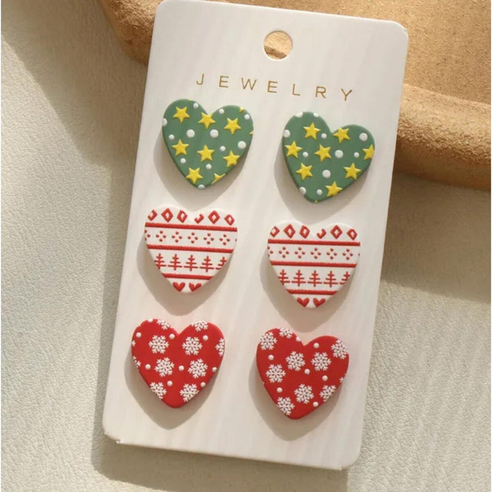 Set of 3 Christmas Wrapping Paper Patterned Heart Clay Earrings