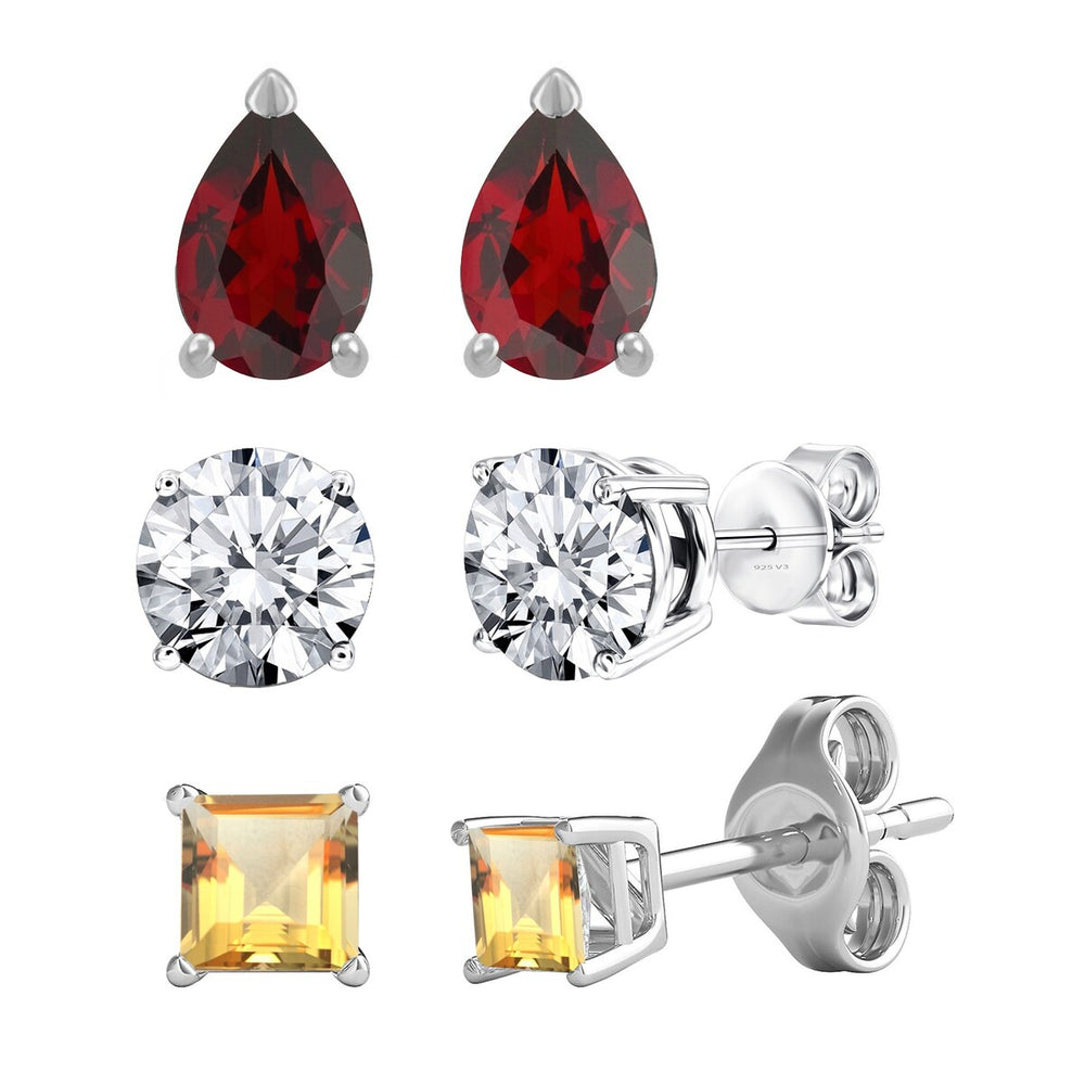 Set of 3 Sterling Silver Multi Shape Stud Earrings - Garnet, White Topaz and Citrine