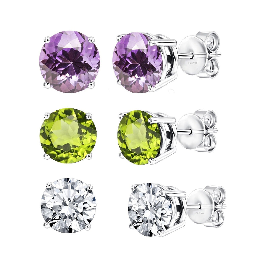 Set of 3 Sterling Silver Stud Earrings - Amethyst, White Topaz and Peridot