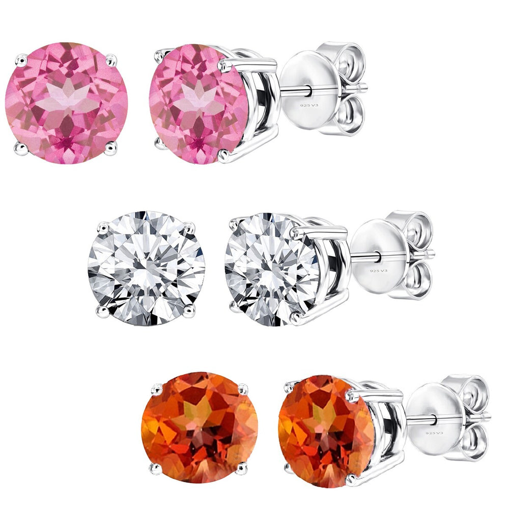 Set of 3 Sterling Silver Stud Earrings- Fire Topaz, Pink & White Topaz