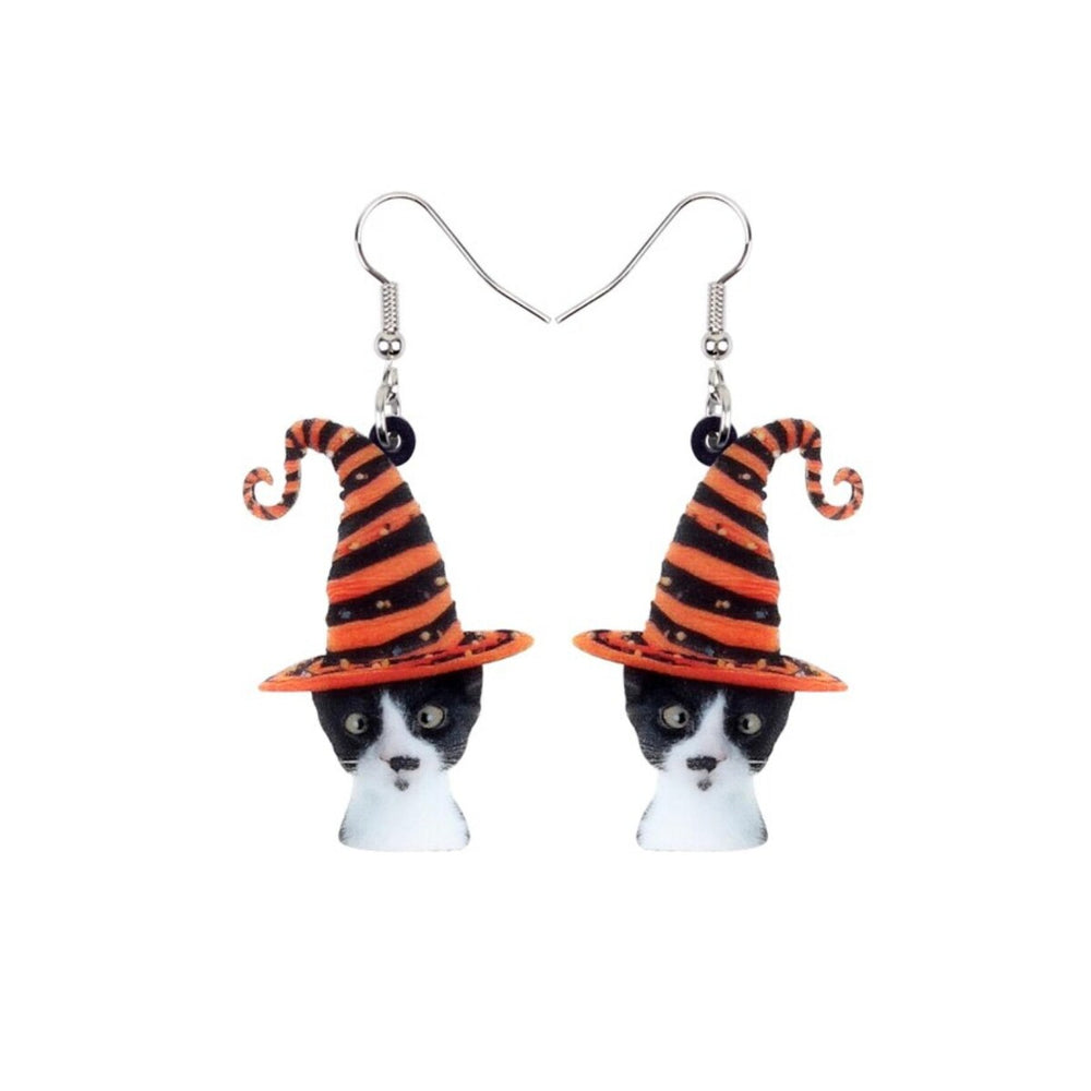 Silly Cat With Witches Hat Drop Earrings