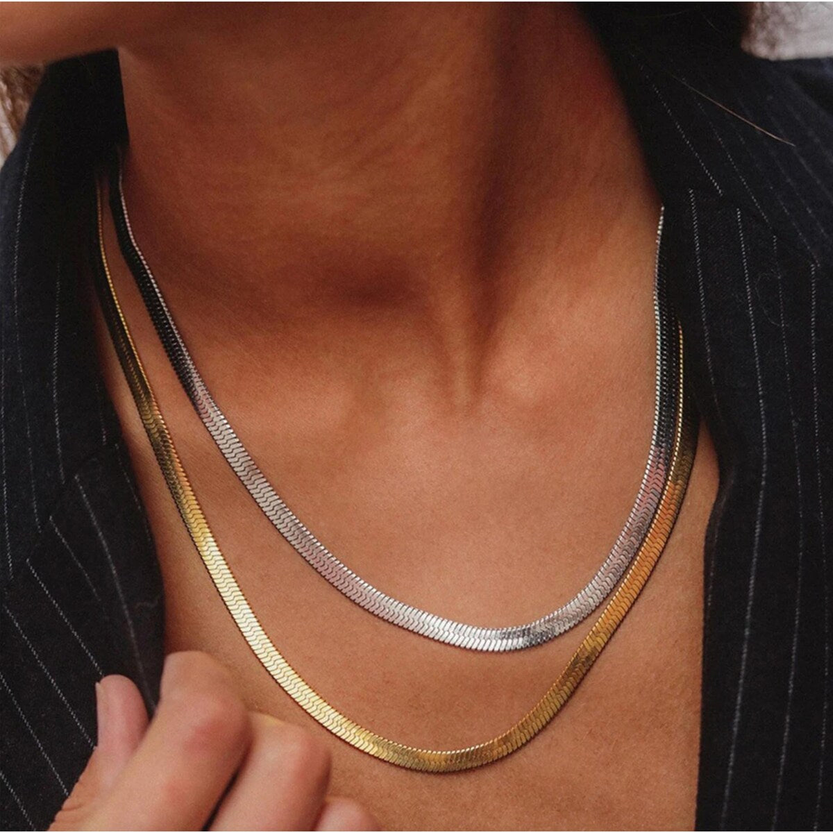 Silver And Goldtone Herring Bone Necklace Set Gold