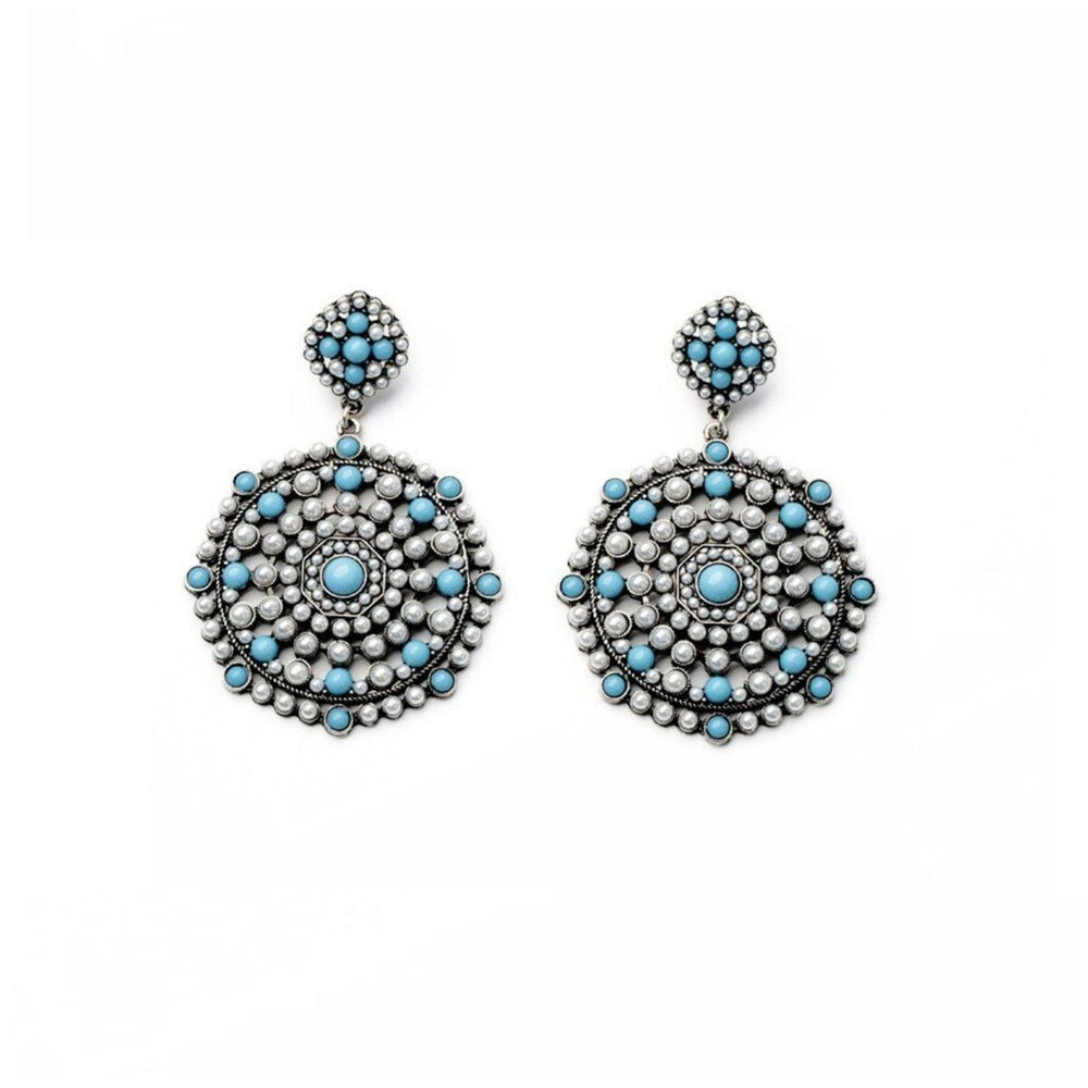 Silver Blue Beaded Circular Earrings