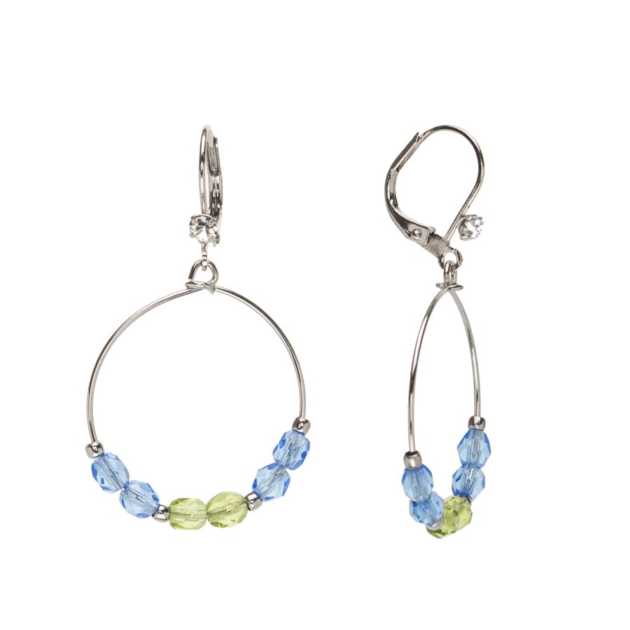 Silver Blue Green Crystal Beaded Hoop Leverback Earrings