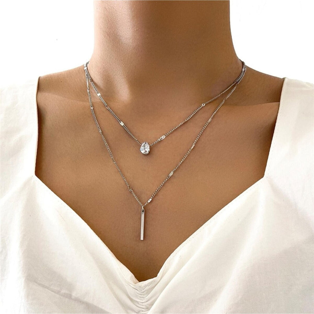 Silver Layered Bar And Teardrop Necklace With Cubic Zirconia - White