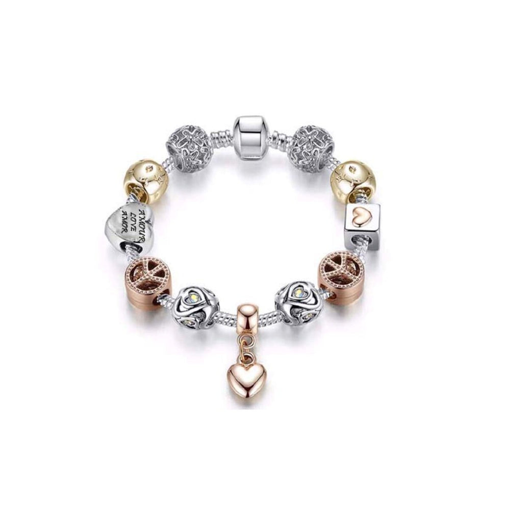 Silver Tone Tricolor Crystal Heart Charm Beaded Bracelet - Tri Color