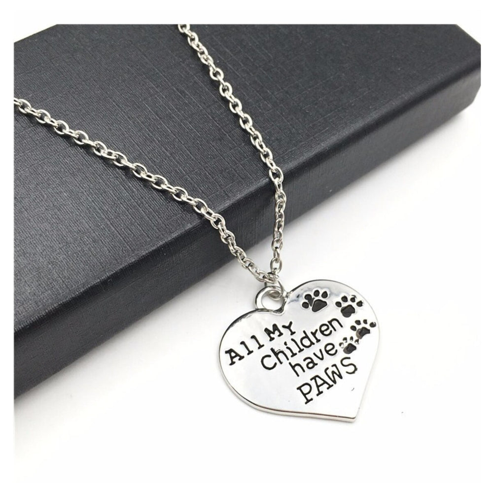 Silvertone All My Children Have Paws Heart Pendant Necklace - White