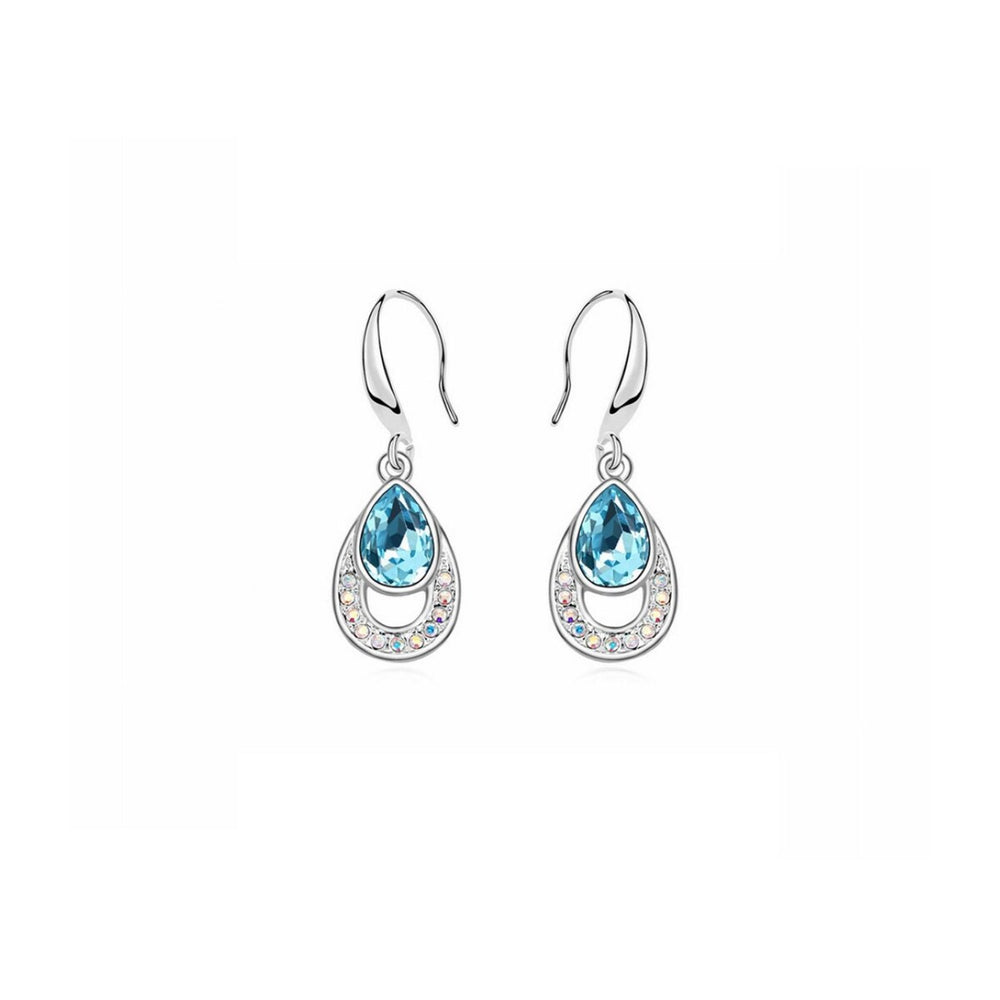 Silvertone Aqua Swarovski Crystal Dual Teardrop Earrings