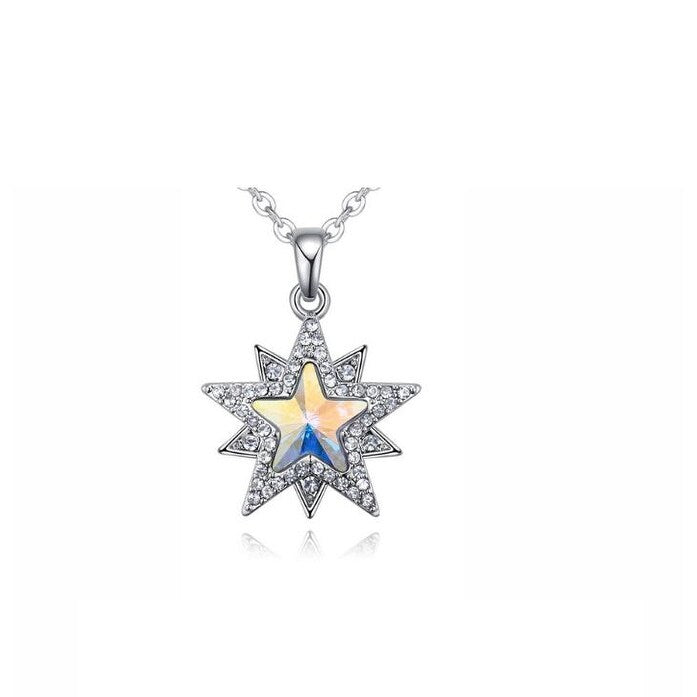 Silvertone Aurora Borealis Star Pendant Necklace - White