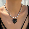 Silvertone Ball Chain & Black Crystal Heart Pendant - White