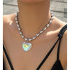 Silvertone Ball Chain & Green Iridescent Crystal Heart Pendant - White