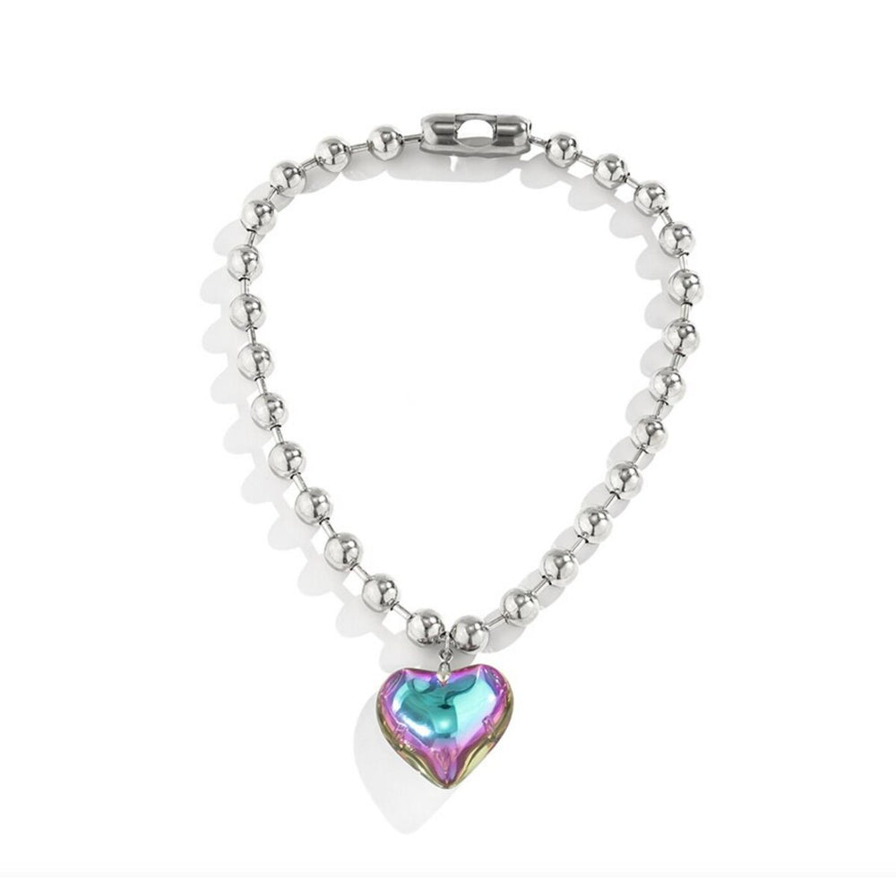 Silvertone Ball Chain & Iridescent Heart Pendant Necklace - White