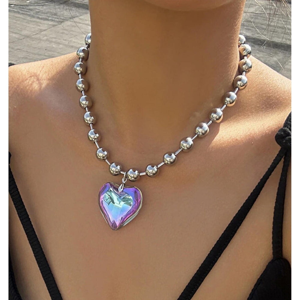 Silvertone Ball Chain & Iridescent Heart Pendant Necklace - White