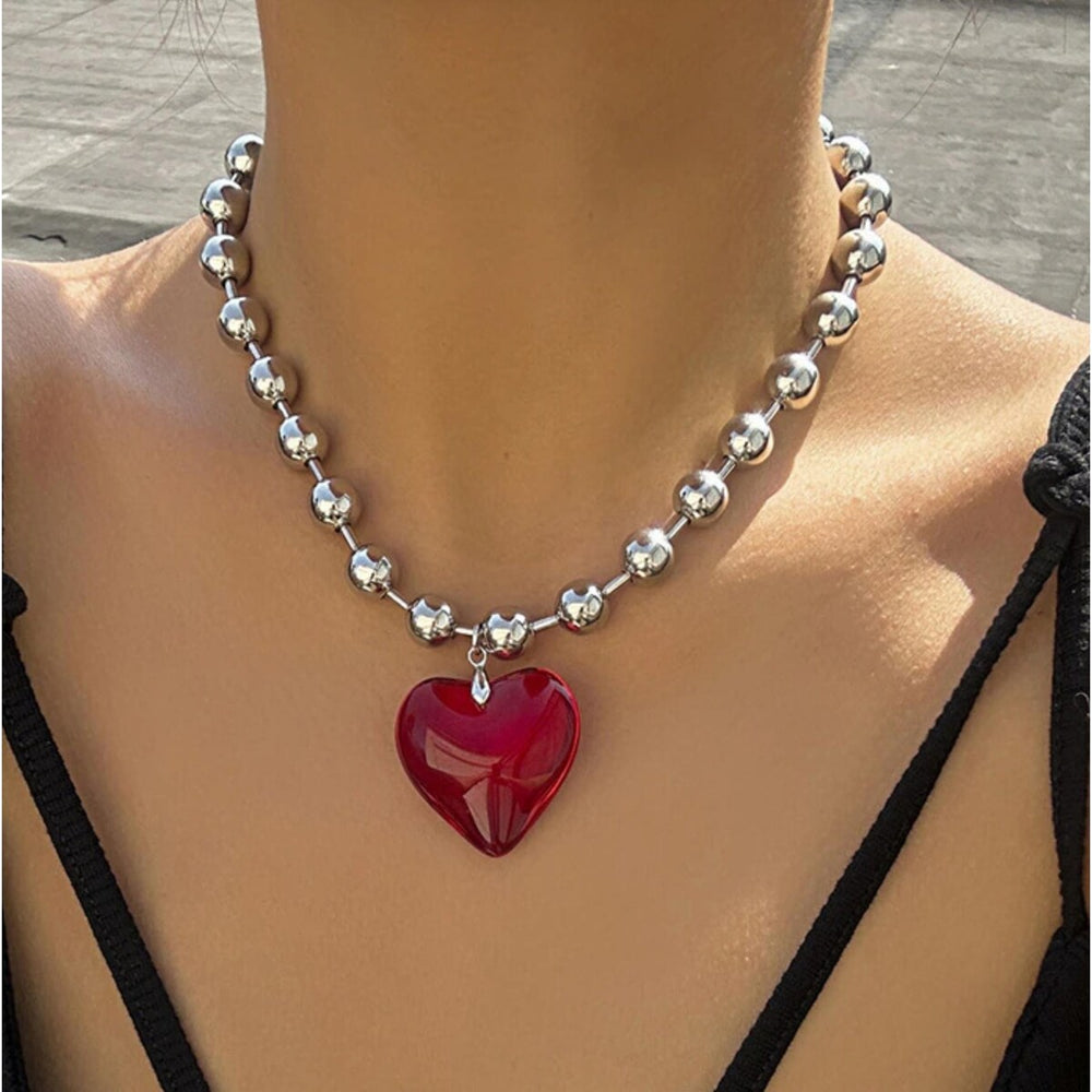 Silvertone Ball Chain & Red Crystal Heart Pendant Necklace - White