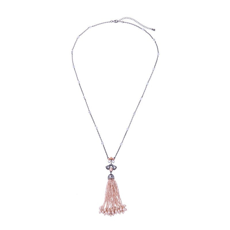 Silvertone Beaded Vintage Tassel Necklace - White