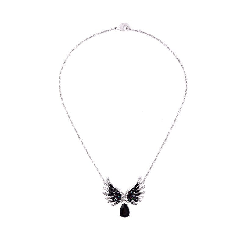 Silvertone Black Angel Pendant Necklace - White