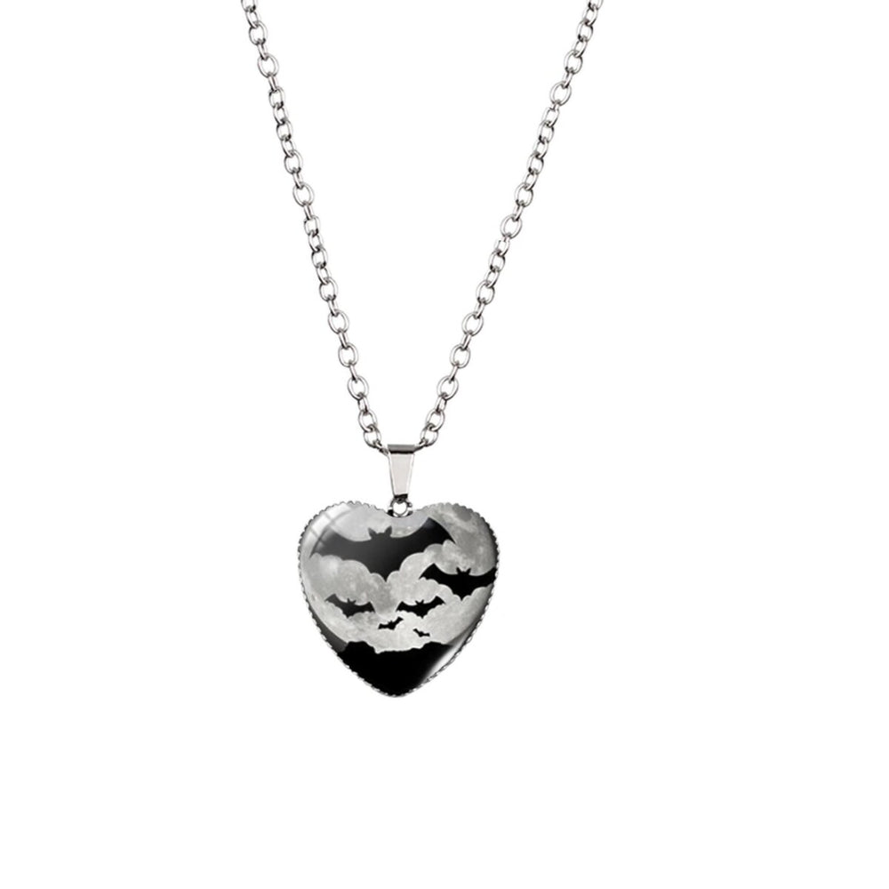 Silvertone Black Flying Bat Heart Pendant Necklace - White