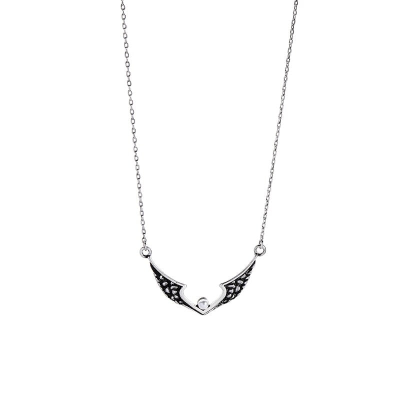 Silvertone Black Wing Pendant Necklace - White