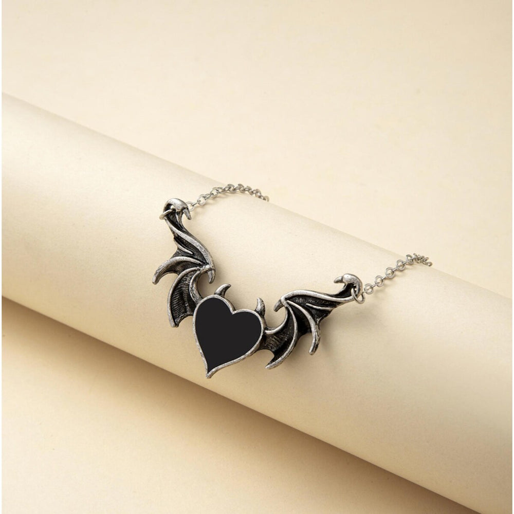 Silvertone Black Winged Heart Pendant Necklace - White