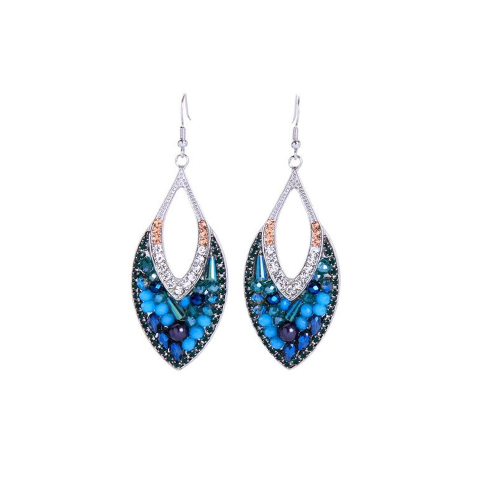 Silvertone Blue Beaded Crystal Drop Earrings