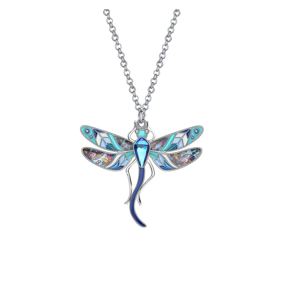 Silvertone Blue Dragonfly Pendant Necklace - White