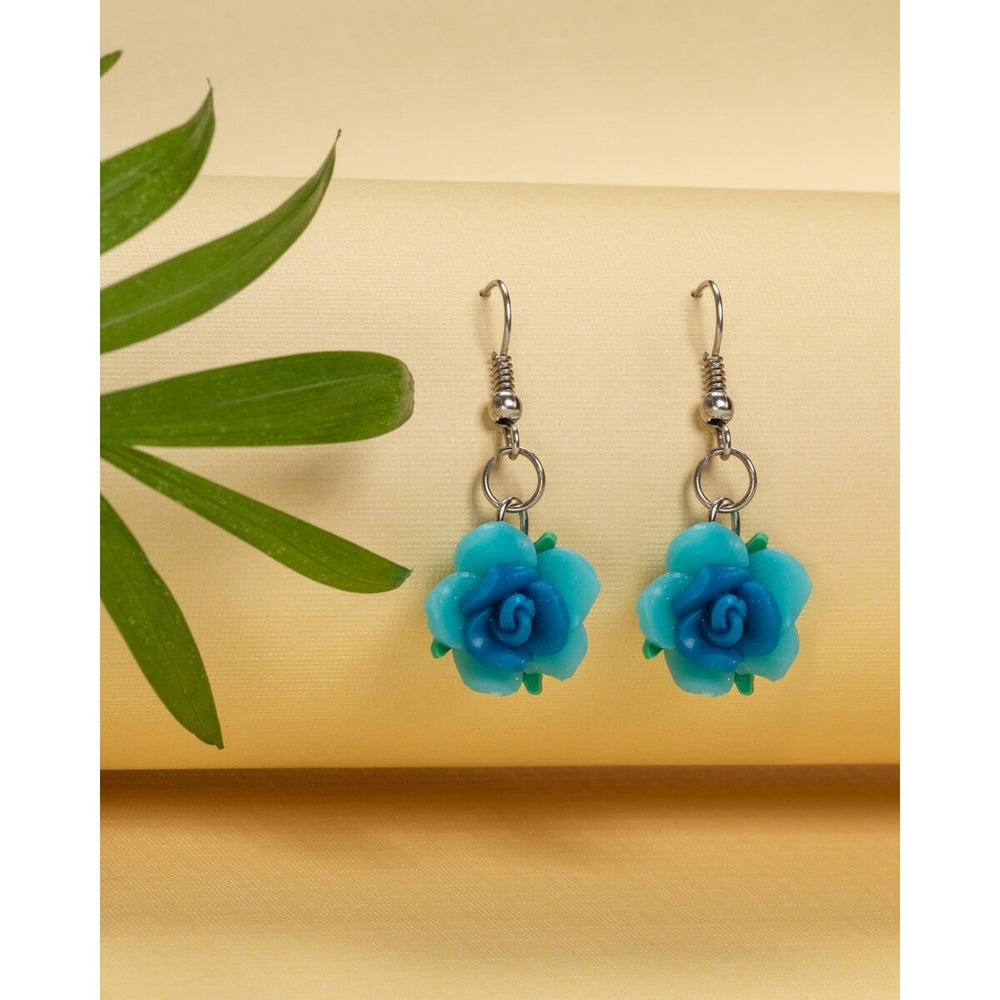 Silvertone Blue Rose Drop Earrings