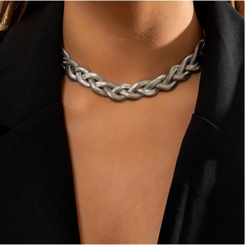 Silvertone Braided Herringbone Choker Necklace - White