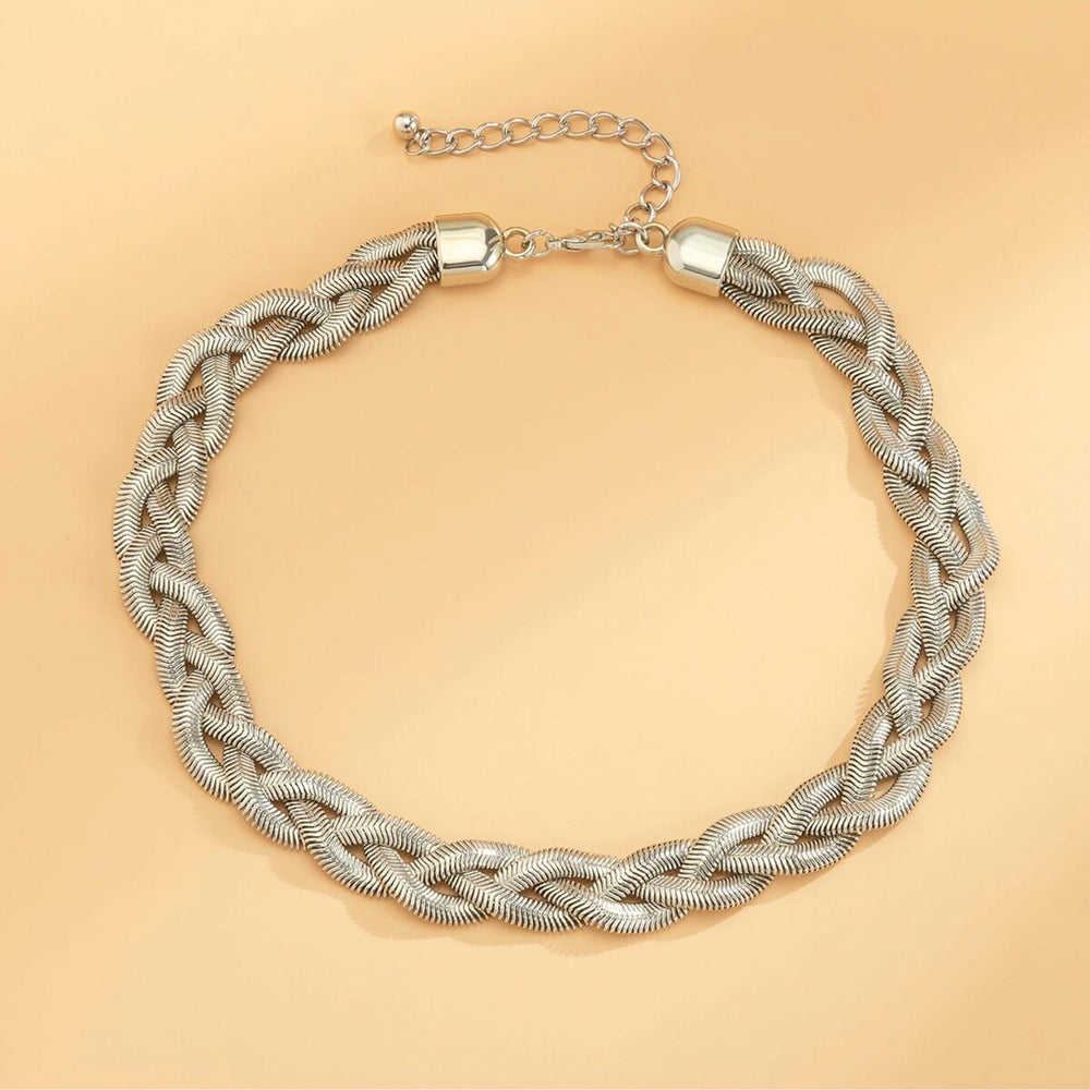 Silvertone Braided Herringbone Choker Necklace - White